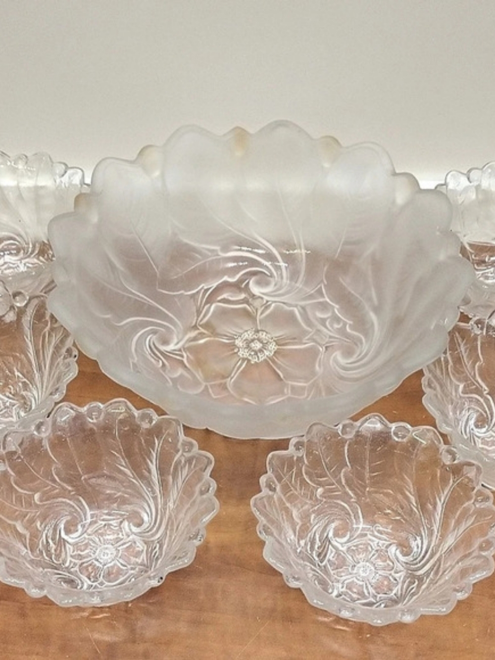Indiana Glass Wild Rose Satin Glass Serving Bowl with 6 Small Bowls Set